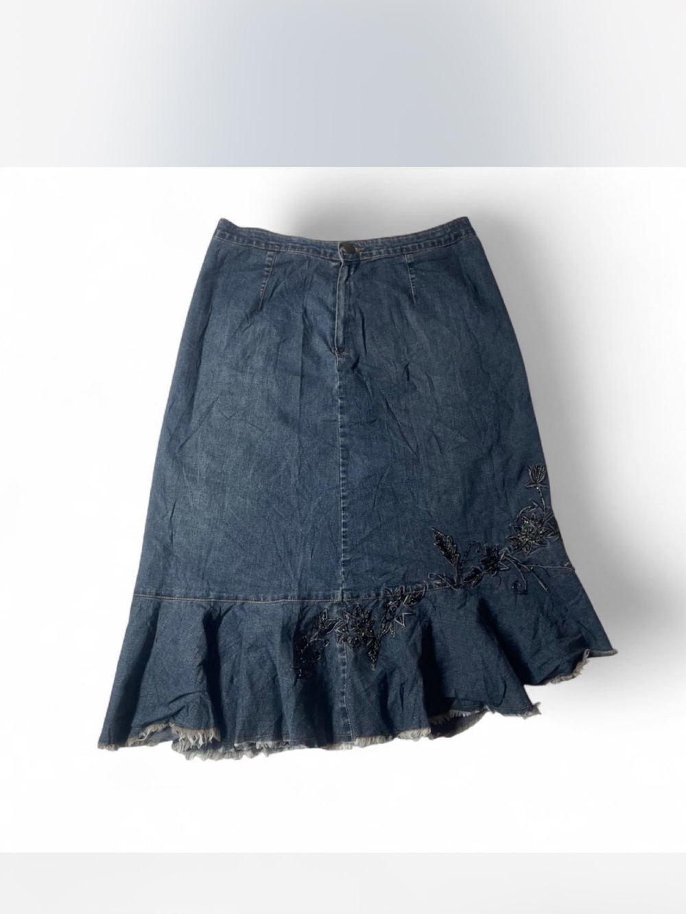 Vintage Dark Blue Denim A-Line Skirt with Floral Embroidery